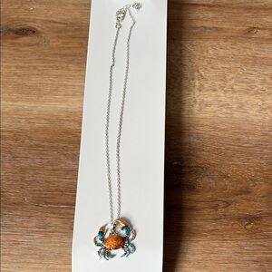Silver and Orange Teal Crab Pendant 9” Necklace Costal Beach